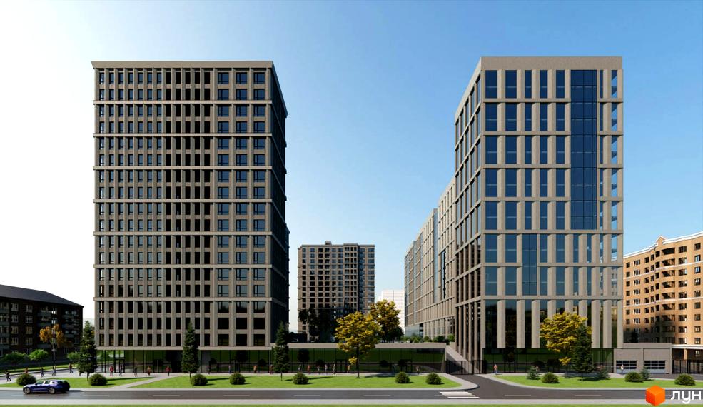 Новобудова ЖК Нові Теремки - сучасний житловий комплекс з високими будинками та доглянутою прибудинковою територією. На зображенні видно фасади будівель та зелену зону.