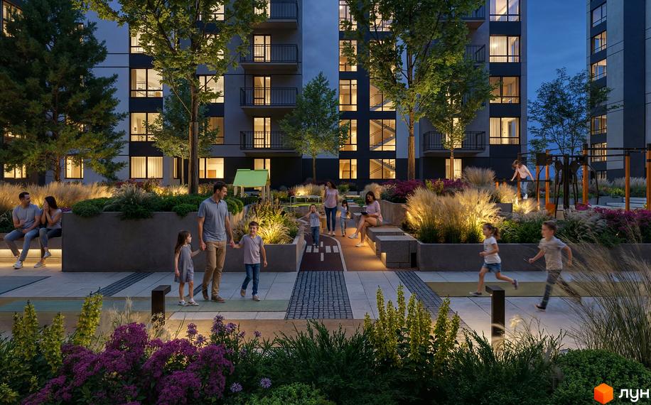 Житловий комплекс Park Residence з підсвіченими вікнами та балконами, дитячим майданчиком та зонами відпочинку для мешканців.