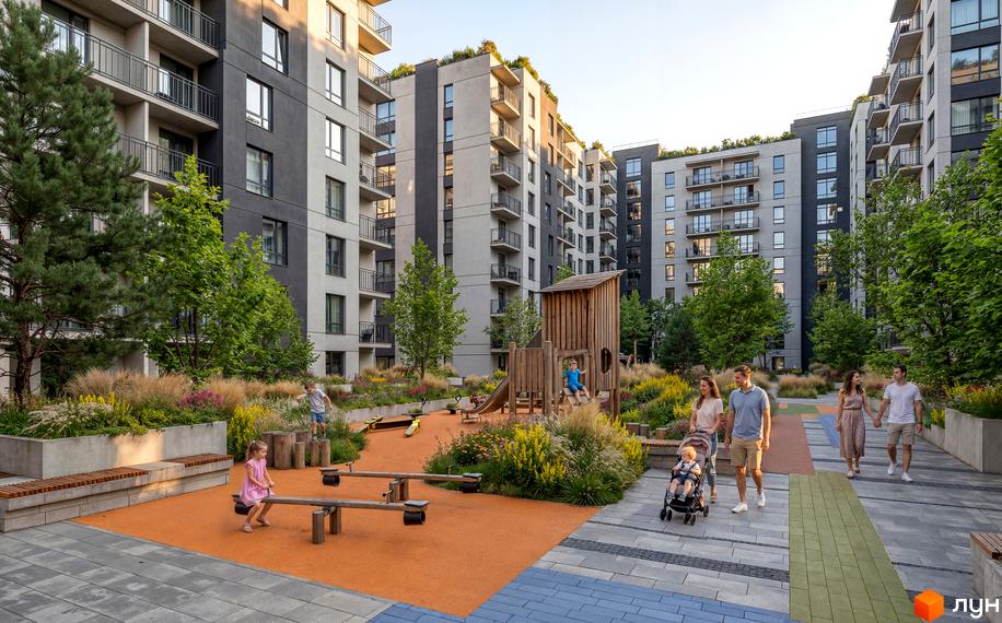 Новобудова Park Residence з дитячим майданчиком та зонами відпочинку. Сучасний житловий комплекс з озелененою територією.