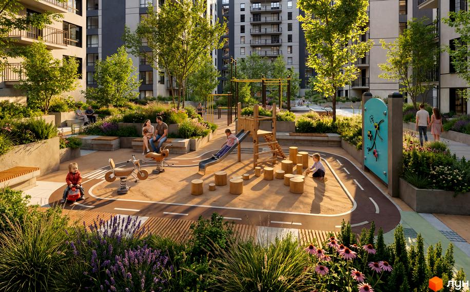 Житловий комплекс Park Residence: сучасні багатоповерхові будинки та облаштований дитячий майданчик з зонами відпочинку.