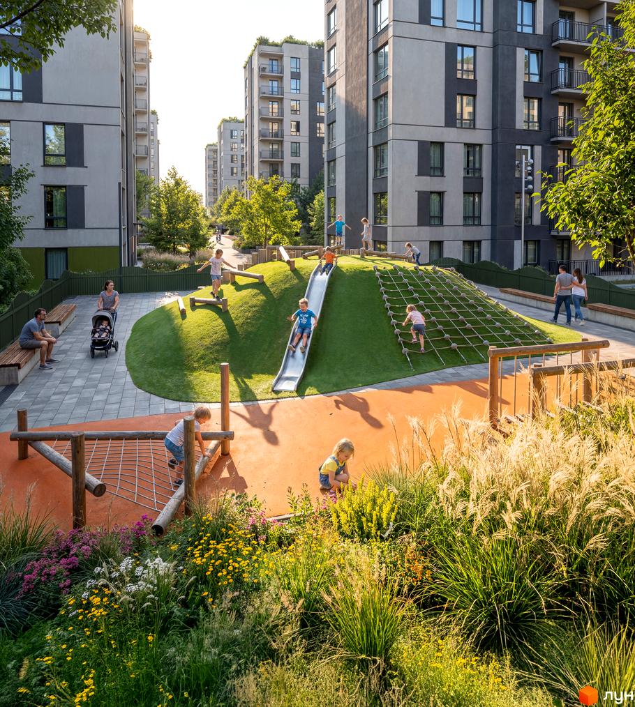 Житловий комплекс Park Residence з дитячим майданчиком та зеленими зонами. Сучасна архітектура будинків та облаштована прибудинкова територія.
