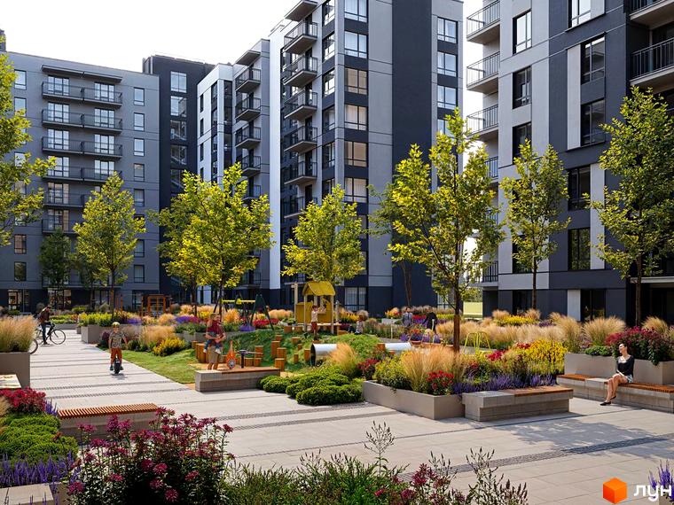 Житловий комплекс Park Residence з сірими фасадами та балконами, упорядкований двір з дитячим майданчиком та зонами відпочинку.
