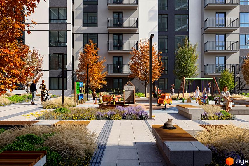 Житловий комплекс Park Residence: сучасна архітектура та затишна прибудинкова територія з дитячим майданчиком та зонами відпочинку.