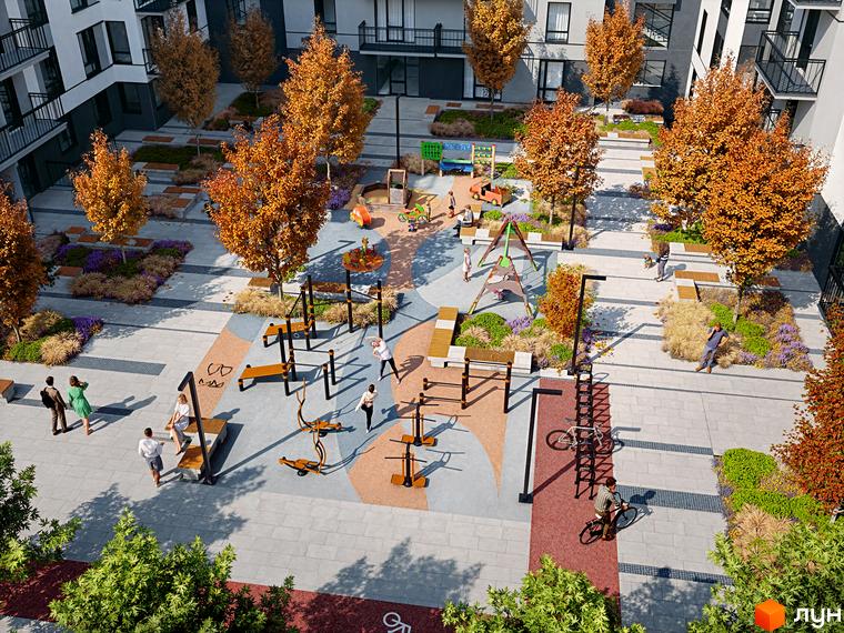 Житловий комплекс Park Residence: фасади будівель та облаштований двір з дитячим майданчиком та зонами відпочинку.