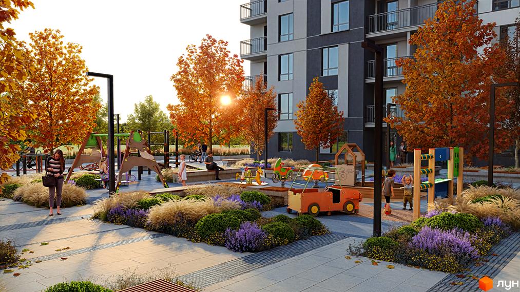 Житловий комплекс Park Residence: багатоповерховий будинок з балконами та дитячим майданчиком з гойдалками та гірками на прибудинковій території.