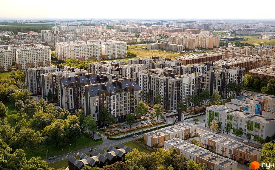 Зовнішній вигляд житлового комплексу Park Residence з багатоповерховими будинками та прибудинковою територією з деревами та дорогою.