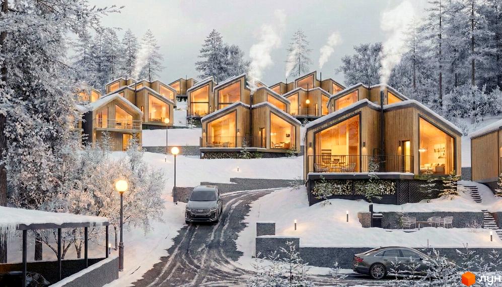 Котеджне містечко Теплий: дерев'яні будинки з панорамними вікнами в засніженому лісі. Навколо будівель - засніжена територія з дорогою та ліхтарями.