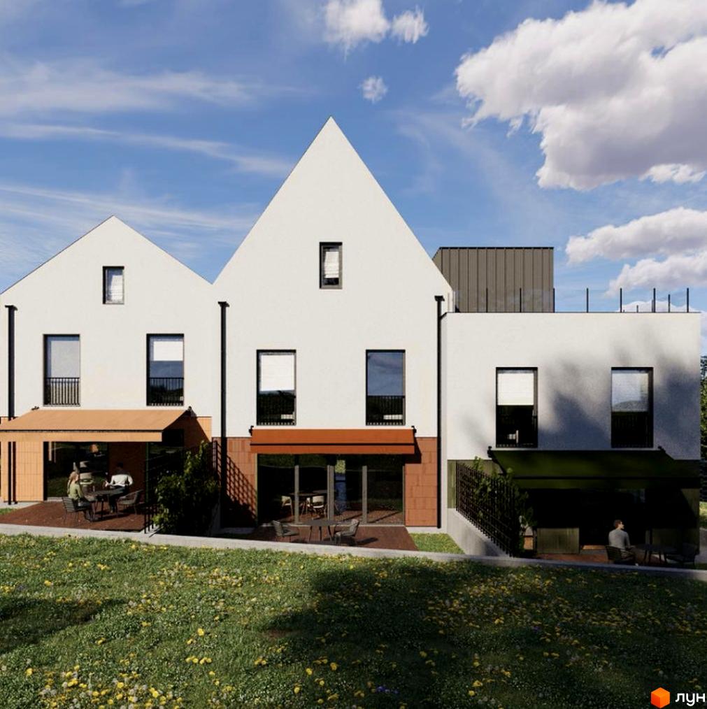 Зовнішній вигляд таунхаусів WellBud з терасами та зеленим газоном перед фасадом. Комплекс розташований на тлі блакитного неба з хмарами.