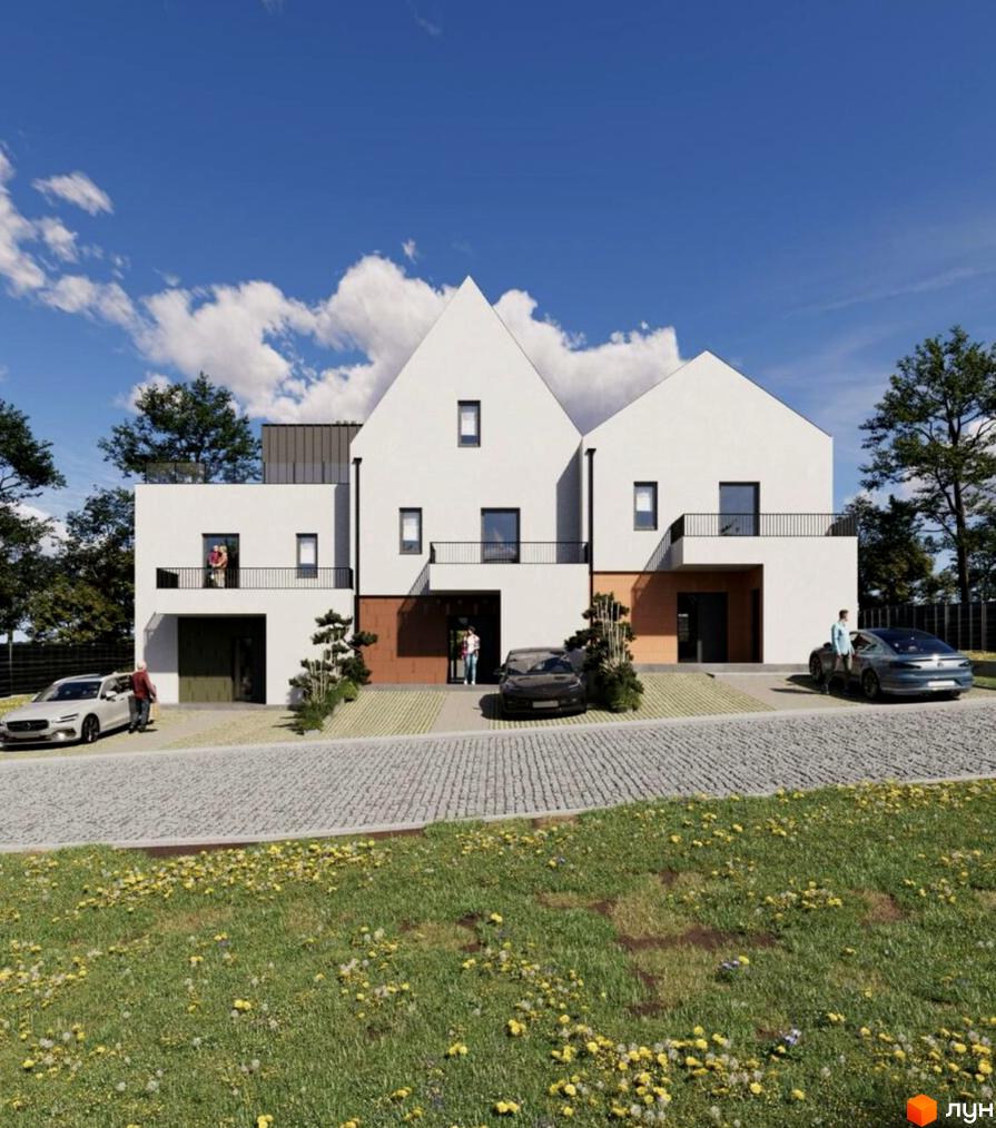 Таунхауси WellBud: фасади будинків з білою штукатуркою, цегляними вставками та балконами, прибудинкова територія з автомобілями та зеленню.