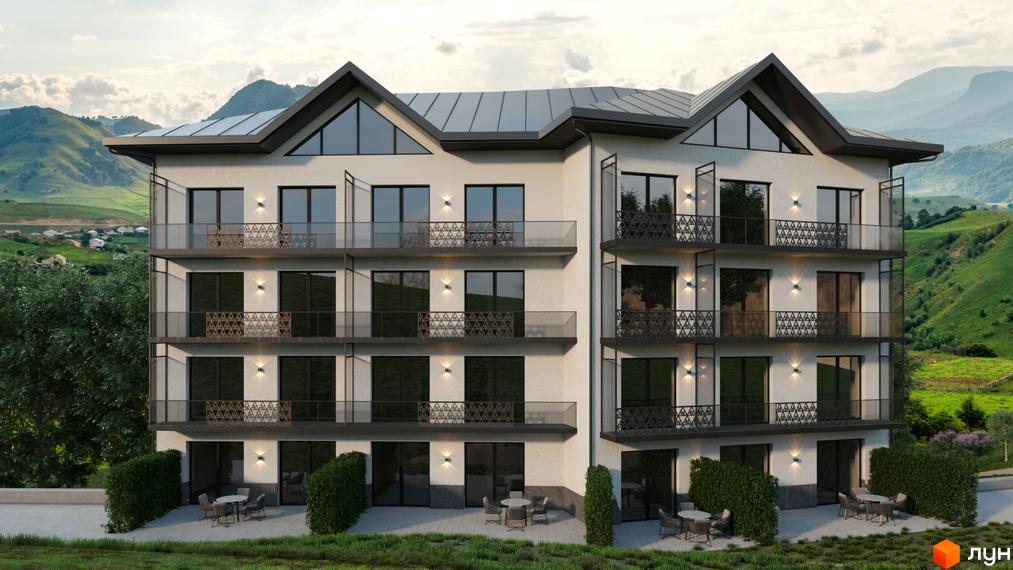 Апарт-готель Rich Stone Family Club з балконами та панорамними вікнами на тлі гірського пейзажу. Біля будинку облаштована зона відпочинку з терасою та кущами.