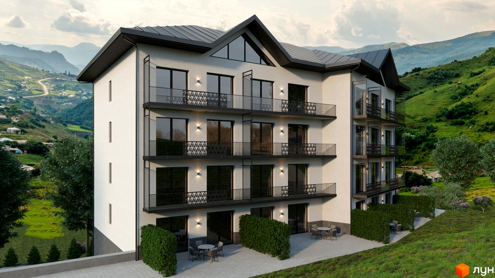 Апарт-готель Rich Stone Family Club з балконами та вікнами, розташований на тлі зелених гір та селища. Територія навколо комплексу озеленена кущами та має зони відпочинку.