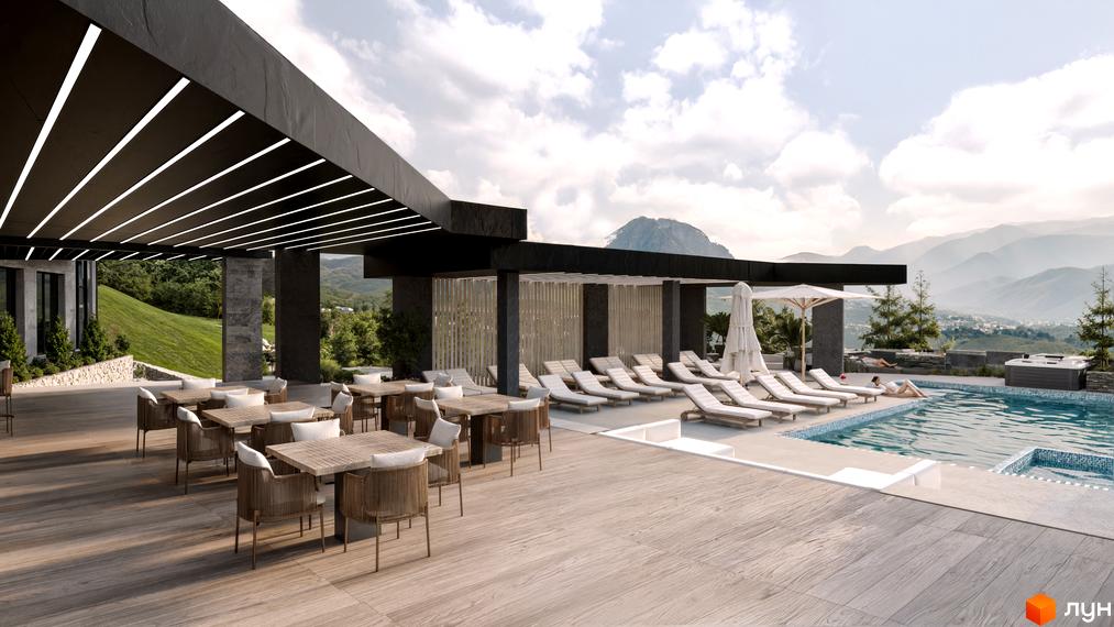 Апарт-готель Rich Stone Family Club з басейном та зоною відпочинку на тлі гірського пейзажу. Сучасна архітектура та облаштована прибудинкова територія.
