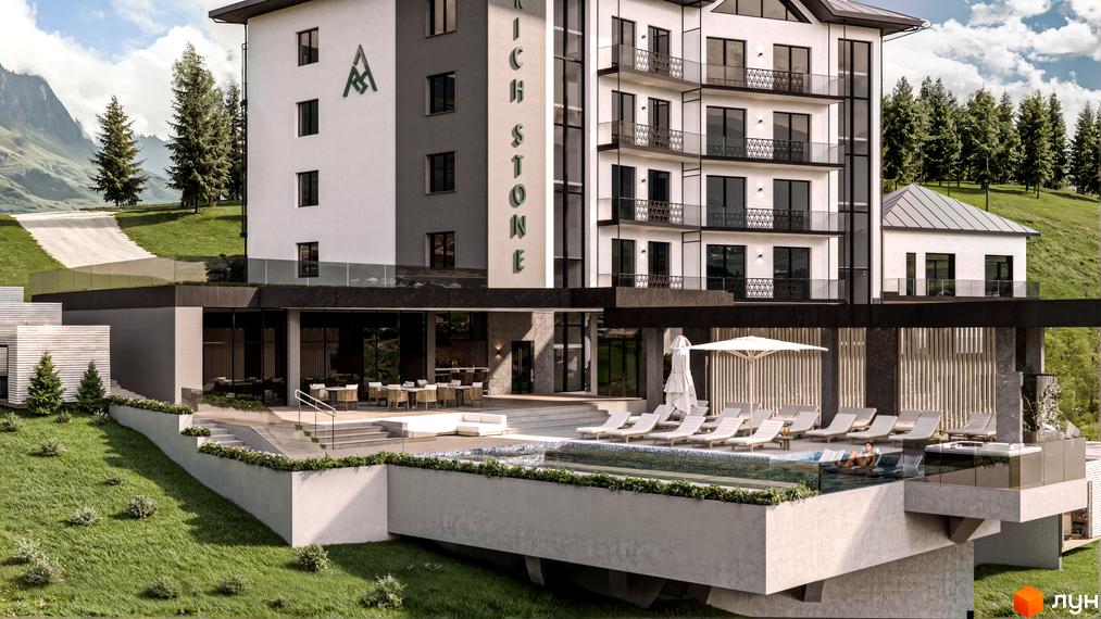 Апарт-готель Rich Stone Family Club з басейном та терасою на схилі гори. Навколо будівлі зелені схили та дерева.