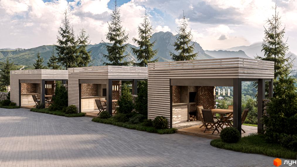 Апарт-готель Rich Stone Family Club: зовні альтанки з цегляними стінами та дерев'яними меблями на тлі гір. Територія комплексу облаштована бруківкою та зеленню.