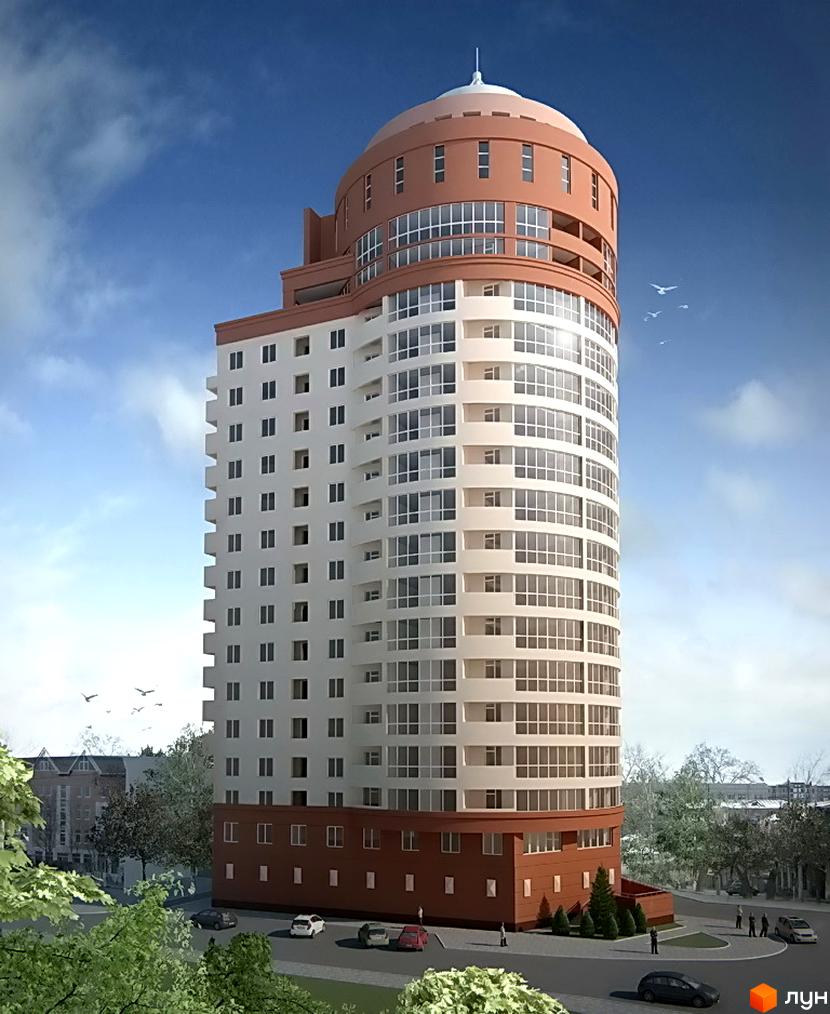 Житловий комплекс Чкаловський: висотна будівля з коричневим низом та світлим округлим фасадом. Навколо розташовані дороги, автомобілі та дерева.