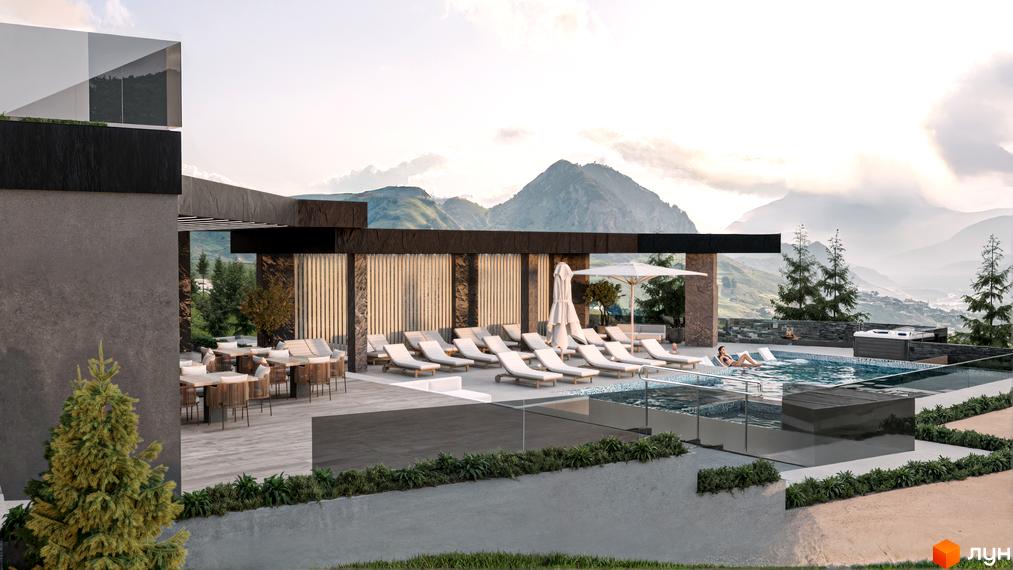 Апарт-готель Rich Stone Family Club з темними фасадами. На терасі розташовані басейн, шезлонги, обідня зона та джакузі з видом на гори.