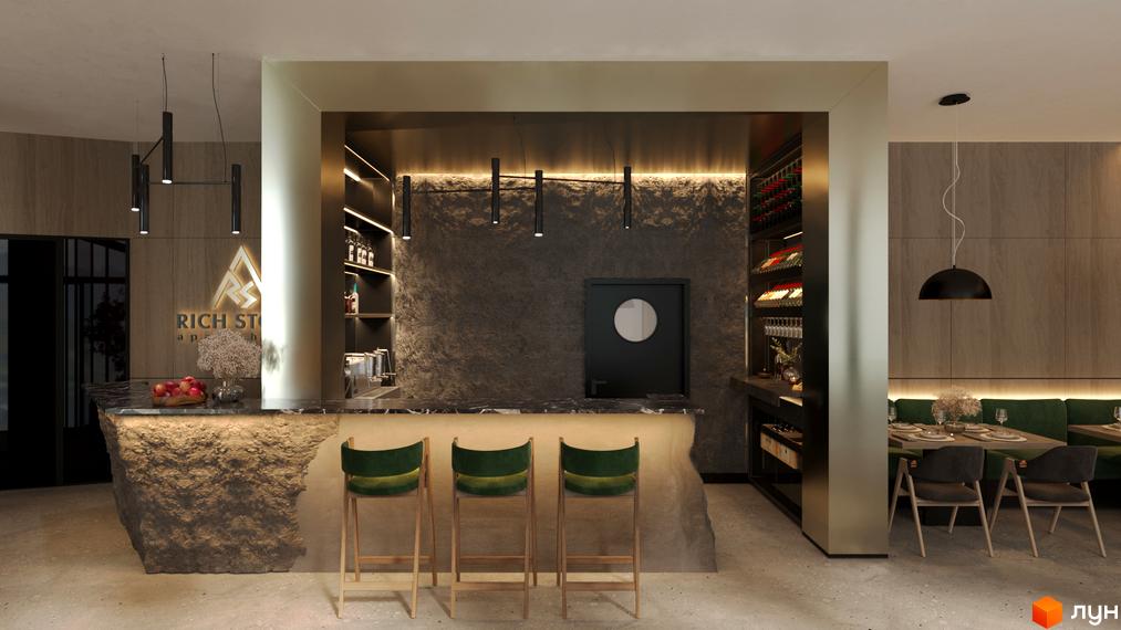 Зона бару та ресторану в Апарт-готелі Rich Stone Family Club з кам'яною стійкою, мармуровою поверхнею та комфортною обідньою зоною.