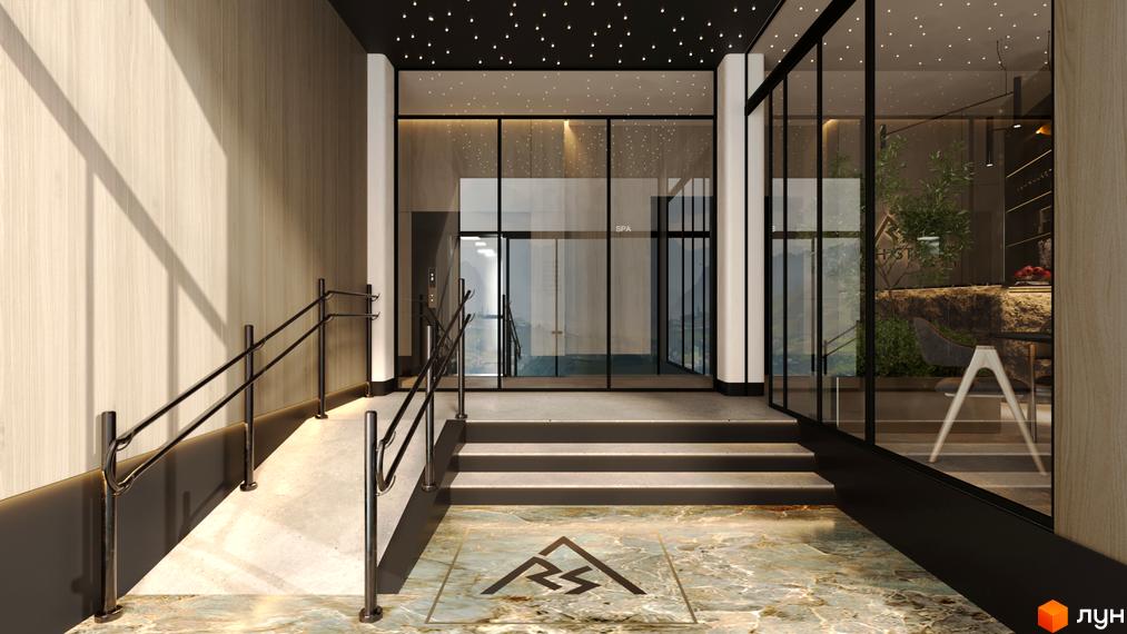 Вхідна група Апарт-готелю Rich Stone Family Club з пандусом, сходами, скляними дверима до SPA та мармуровою підлогою з логотипом.