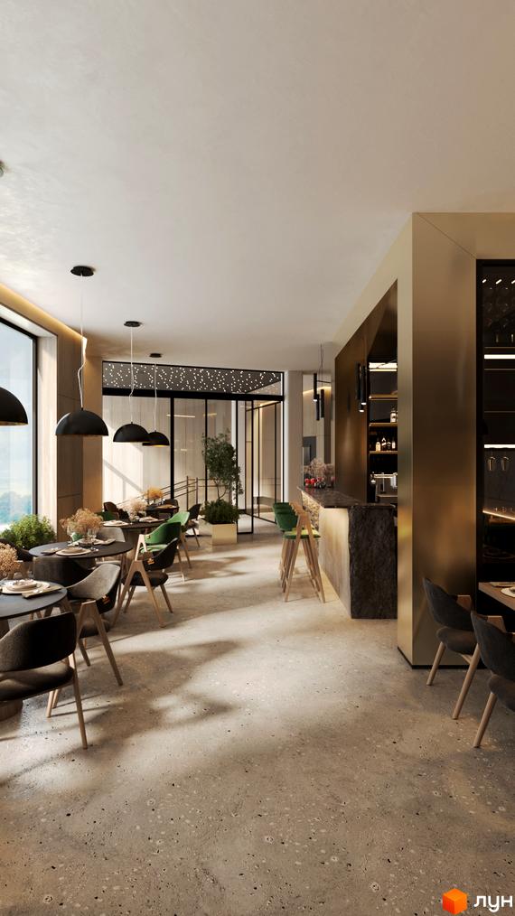 Інтер'єр ресторану або бару в Апарт-готель Rich Stone Family Club з обідніми столами, барною стійкою, панорамними вікнами та підвісними світильниками.