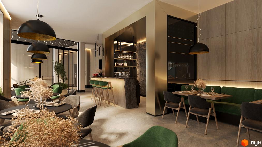 Апарт-готель Rich Stone Family Club - інтер'єр ресторану з барною стійкою, столиками та зеленими диванами.