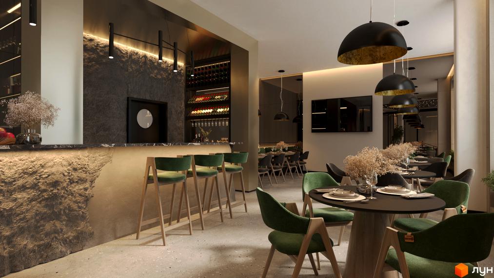 Інтер'єр ресторану в Апарт-готель Rich Stone Family Club з барною стійкою, винними стелажами та обідньою зоною із зеленими кріслами.