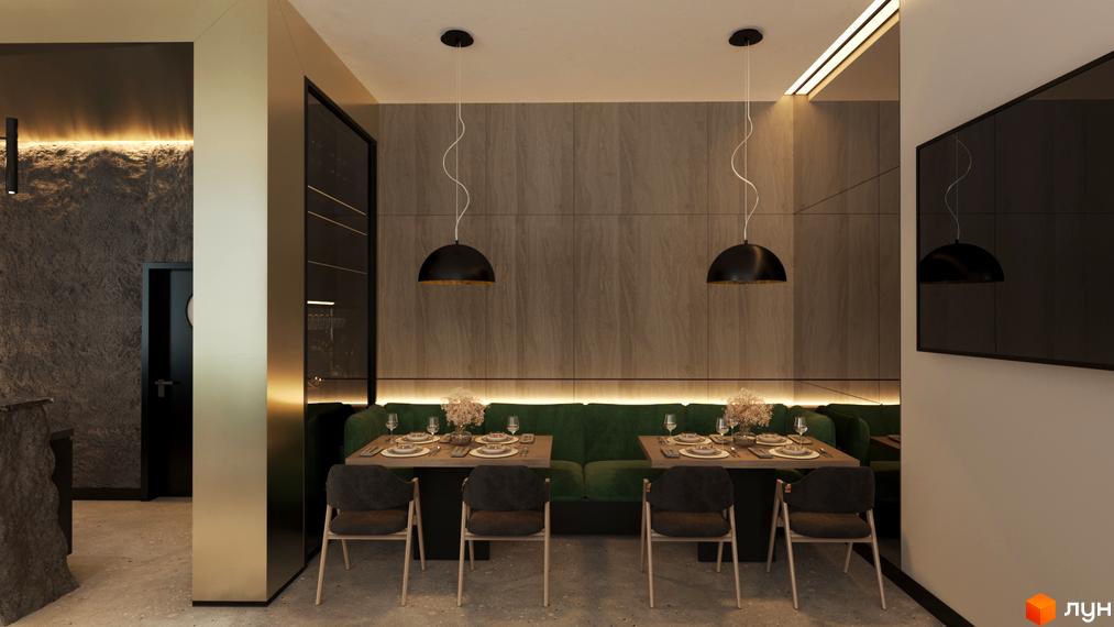 Інтер'єр апарт-готелю Rich Stone Family Club з обідніми столами та м'якими диванами. Сучасний дизайн ресторану в новобудові.