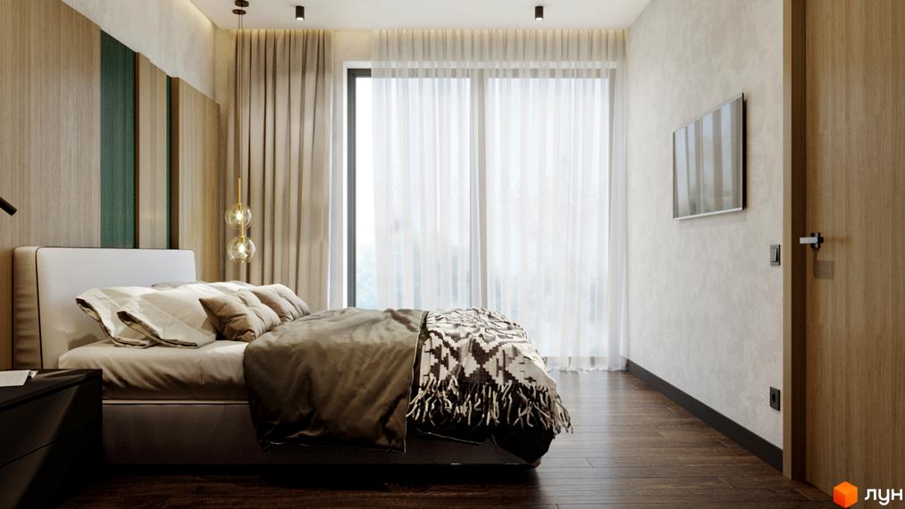 Спальня в Апарт-готель Rich Stone Family Club з ліжком, дерев'яними панелями, підвісними світильниками та великим вікном.