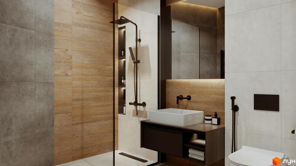 Сучасний дизайн ванної кімнати з дерев'яними та сірими акцентами, душовою кабіною та раковиною над тумбою. Апарт-готель Rich Stone Family Club.