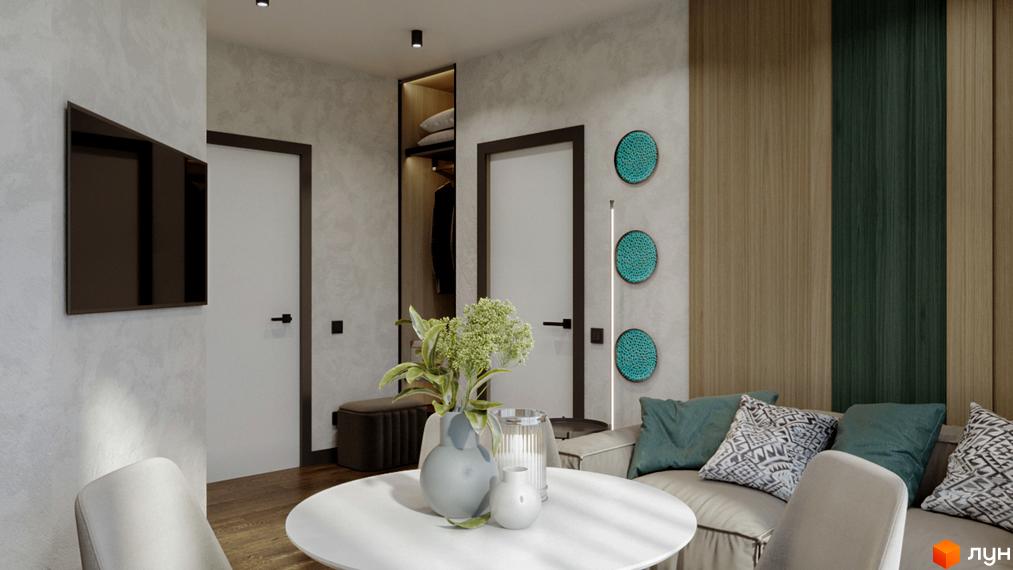 Дизайн вітальні з телевізором на стіні, дверима, диваном з подушками та круглим столом. Апарт-готель Rich Stone Family Club.