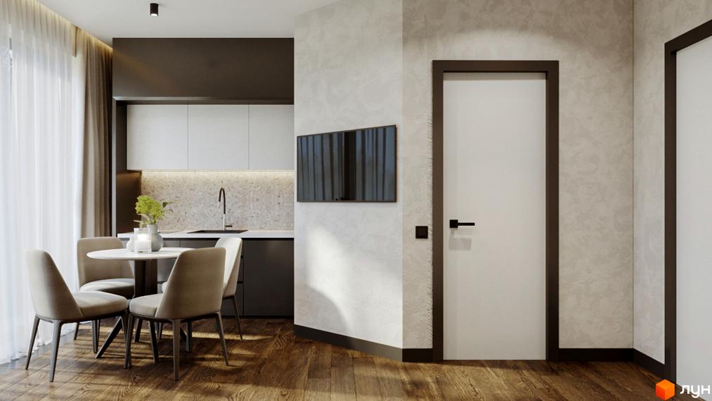 Інтер'єр апарт-готелю Rich Stone Family Club з обідньою зоною та кухнею. Сучасний дизайн новобудови.