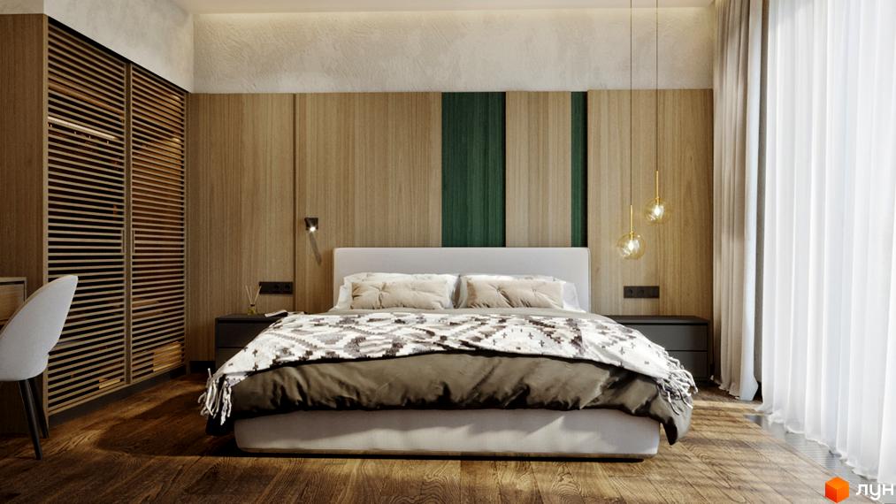 Інтер'єр спальні в апарт-готелі Rich Stone Family Club з дерев'яними панелями, ліжком та приліжковими тумбами.