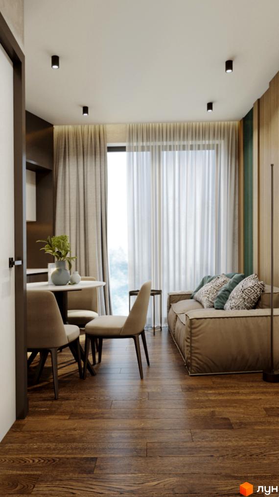 Облаштована вітальня-їдальня в Апарт-готель Rich Stone Family Club з дерев'яною підлогою, світлими меблями та панорамним вікном.