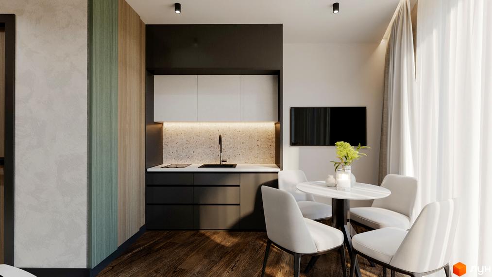 Кухня-вітальня в Апарт-готель Rich Stone Family Club: функціональна кухонна зона, обідній стіл з чотирма стільцями, настінний телевізор.