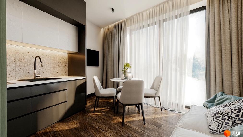 Інтер'єр апарт-готелю Rich Stone Family Club з кухнею, обідньою зоною та диваном біля великого вікна з шторами.