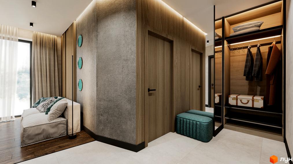 Інтер'єр Апарт-готель Rich Stone Family Club з зоною відпочинку біля вікна, дерев'яними дверима та вбудованою шафою-гардеробом.