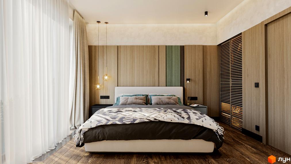 Спальня в Апарт-готель Rich Stone Family Club з ліжком, дерев'яними стіновими панелями та великим вікном з прозорими шторами.