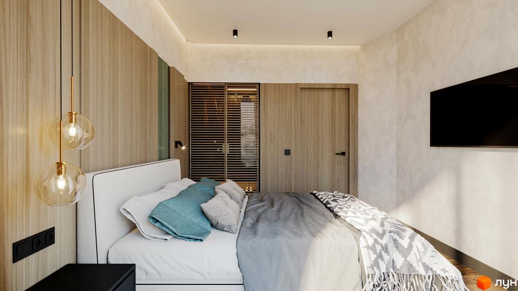 Спальня в Апарт-готель Rich Stone Family Club з ліжком, дерев'яними панелями та підвісними світильниками. Інтер'єр квартири з функціональним зонуванням.