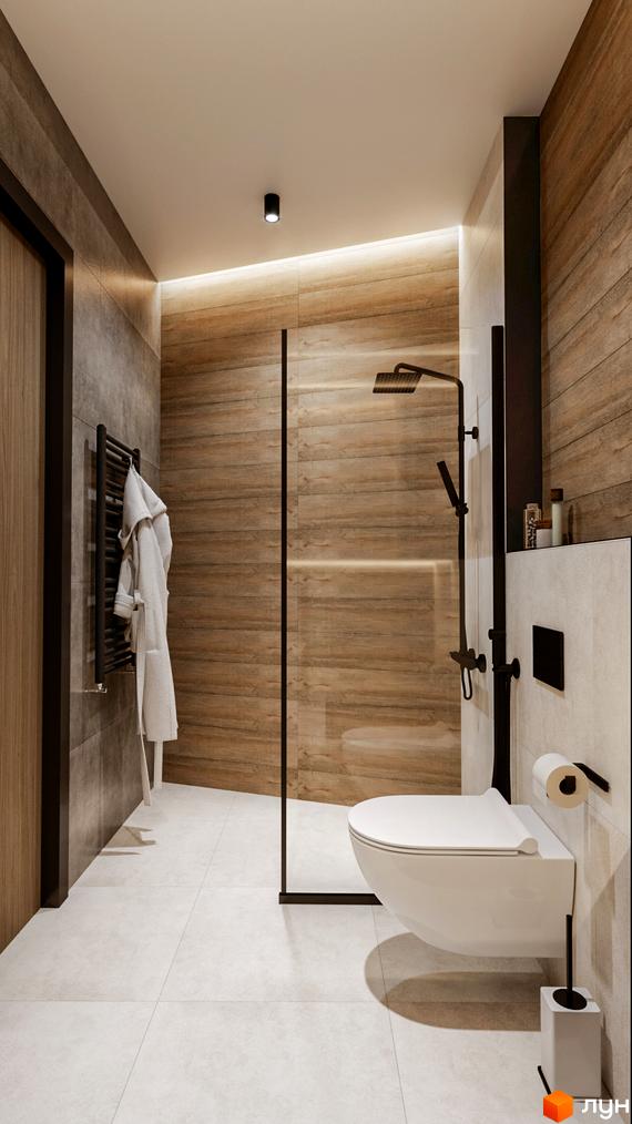 Ванна кімната Апарт-готель Rich Stone Family Club з дерев'яними та сірими плитками, душовою кабіною, підвісним унітазом та рушникосушкою.