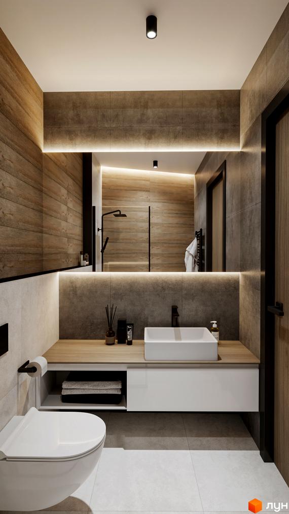 Ванна кімната в Апарт-готель Rich Stone Family Club з дерев'яними та сірими плитками, білою раковиною, підсвіченим дзеркалом та чорною сантехнікою.