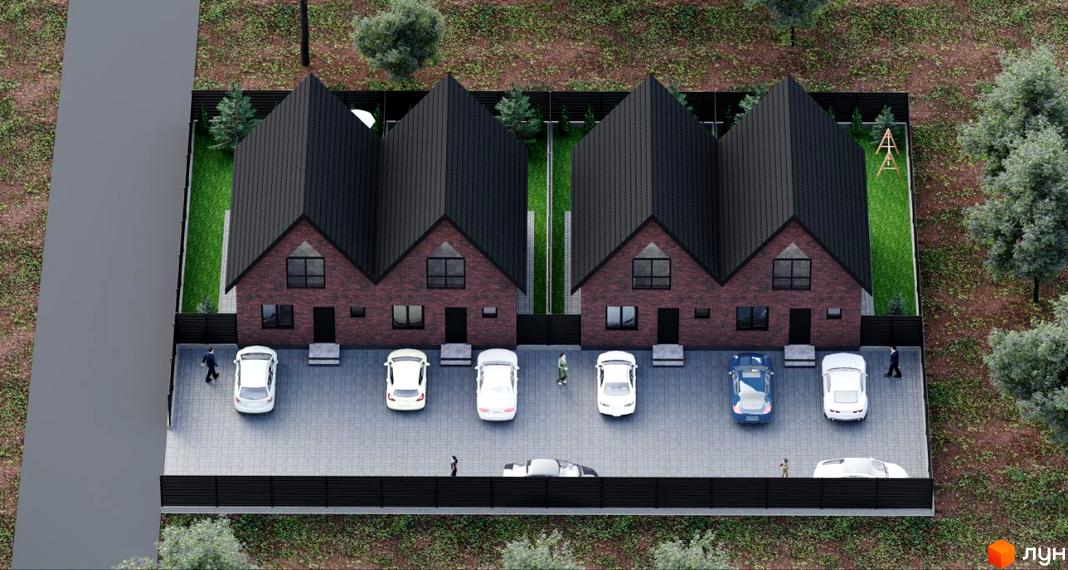 Дуплекси Bavarian Vier з темно-цегляними фасадами та чорними дахами. Прибудинкова територія включає паркінг, зелені газони та дитячий майданчик.