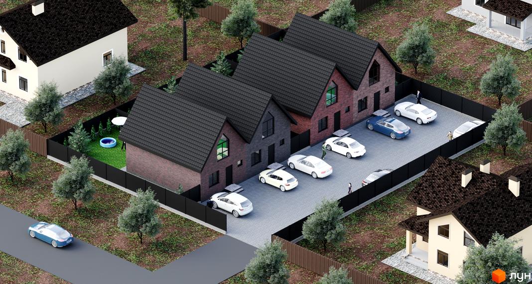 Три дуплекси Bavarian Vier з темно-цегляними фасадами та чорними дахами. На прибудинковій території є вимощений двір з автомобілями, зелені газони та дитячий басейн.