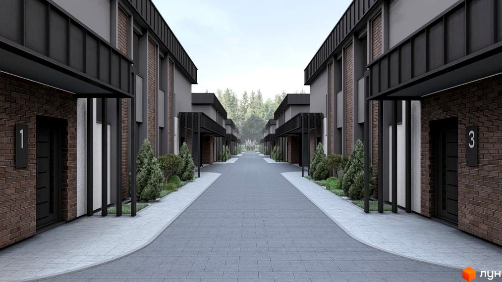 Ряд двоповерхових будинків з темно-сірими фасадами та цегляними елементами. Вулиця з бруківкою та озелененою прибудинковою територією.