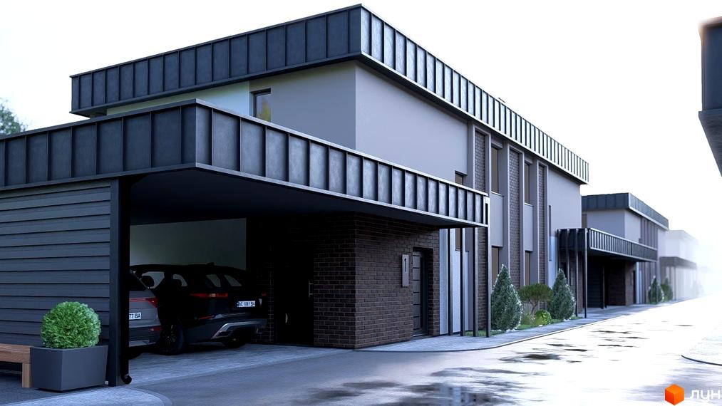 Зовнішній вигляд новобудови на вул. Сонячна, 43, з навісом для авто та прибудинковою територією. Сучасна архітектура з темними фасадами та цегляними елементами.