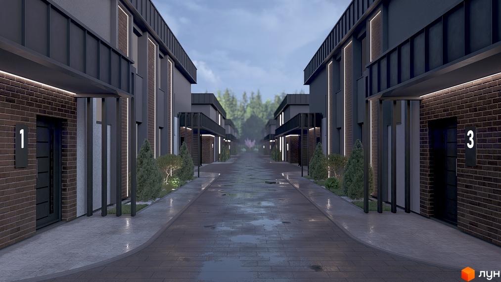 Зовнішній вигляд будинків житлового комплексу на вул. Сонячна, 43, з бруківкою та освітленням. Прибудинкова територія з деревами та газоном.