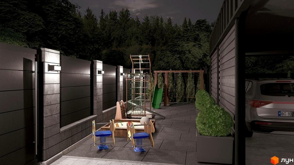 Освітлена огорожа та навіс для авто біля житлового комплексу на вул. Сонячна, 43. Поруч облаштований дитячий майданчик.