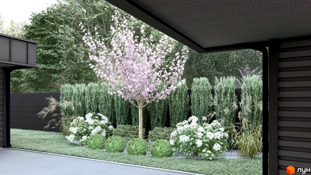 Фасад будинку темного кольору та доглянутий двір з квітучим деревом і зеленими насадженнями за адресою вул. Сонячна, 43.