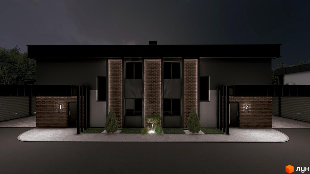 Фасад двох темних житлових будинків з цегляними вставками та вертикальним підсвічуванням вночі. Перед будинками є доріжка, зелені насадження та освітлення.