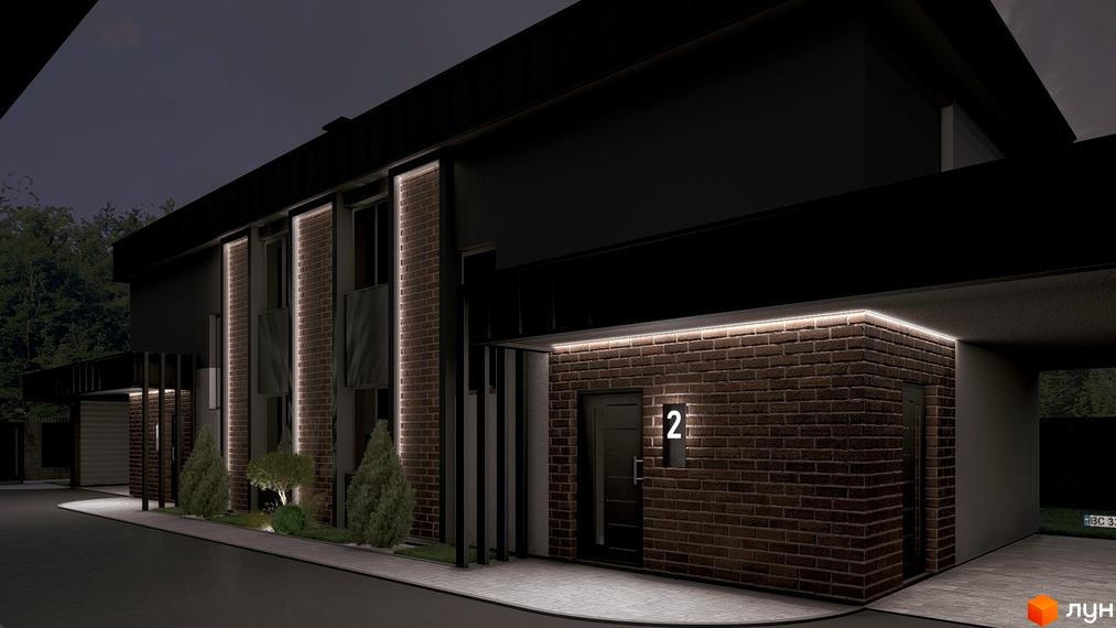 Екстер'єр будинку №2 на вул. Сонячна, 43, з цегляним фасадом та підсвіткою. Прибудинкова територія з деревами та бруківкою.
