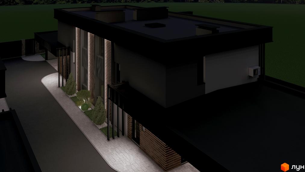 Фасад будинку на вул. Сонячна, 43 вночі з підсвіченими вертикальними елементами та доріжками, що ведуть до входу. Прибудинкова територія має зелені насадження.