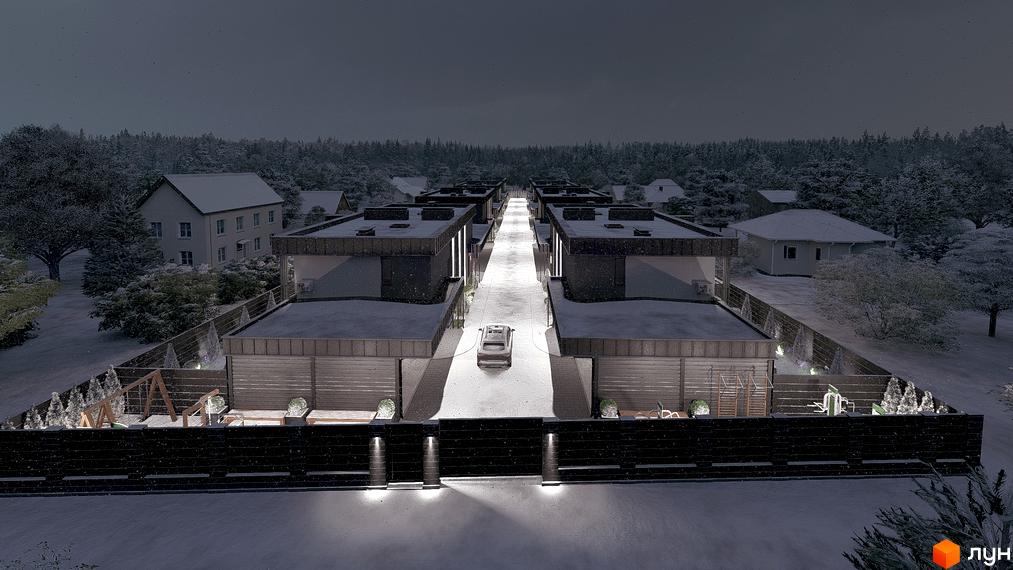 Ряди темних будинків з плоскими дахами та освітлена сніжна вулиця в житловому комплексі на вул. Сонячна, 43. Зимовий пейзаж із засніженими деревами.